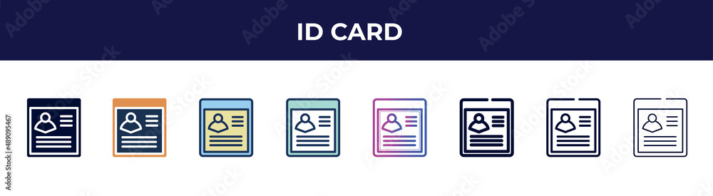 id card icon in 8 styles. line, filled, glyph, thin outline, colorful, stroke and gradient styles, id card vector sign. symbol, logo illustration. different style icons set. id card icon in 8 styles. line, filled, glyph, thin outline, colorful, stroke and gradient styles, id card vector sign. symbol, logo illustration. different style icons set.