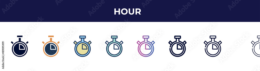 hour icon in 8 styles. line, filled, glyph, thin outline, colorful, stroke and gradient styles, hour vector sign. symbol, logo illustration. different style icons set. hour icon in 8 styles. line, filled, glyph, thin outline, colorful, stroke and gradient styles, hour vector sign. symbol, logo illustration. different style icons set.