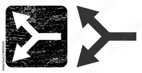 Vector bifurcation arrow left hole icon. Grunge bifurcation arrow left imprint, done with icon and rounded square. Rounded square stamp have bifurcation arrow left hole inside.