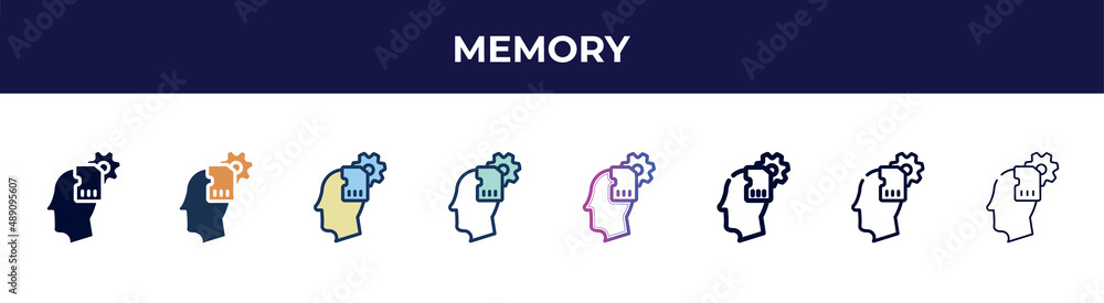 memory icon in 8 styles. line, filled, glyph, thin outline, colorful, stroke and gradient styles, memory vector sign. symbol, logo illustration. different style icons set.