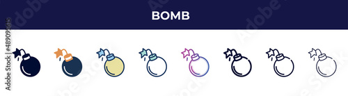 bomb icon in 8 styles. line, filled, glyph, thin outline, colorful, stroke and gradient styles, bomb vector sign. symbol, logo illustration. different style icons set.