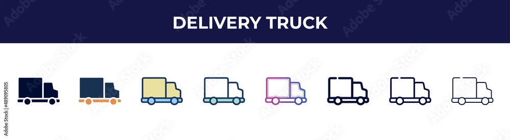 delivery truck icon in 8 styles. line, filled, glyph, thin outline, colorful, stroke and gradient styles, delivery truck vector sign. symbol, logo illustration. different style icons set. delivery truck icon in 8 styles. line, filled, glyph, thin outline, colorful, stroke and gradient styles, delivery truck vector sign. symbol, logo illustration. different style icons set.