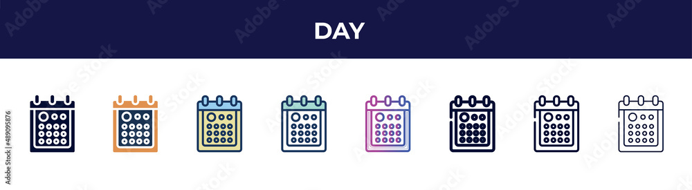 day icon in 8 styles. line, filled, glyph, thin outline, colorful, stroke and gradient styles, day vector sign. symbol, logo illustration. different style icons set.
