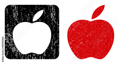 Vector apple subtracted pictogram. Grunge apple stamp, done with icon and rounded square. Rounded square stamp seal have apple subtracted shape inside. Vector apple grunge images.