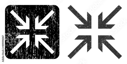 Vector collide arrows hole icon. Grunge collide arrows stamp, done with icon and rounded square. Rounded square stamp seal have collide arrows carving inside. Vector collide arrows grunge images.