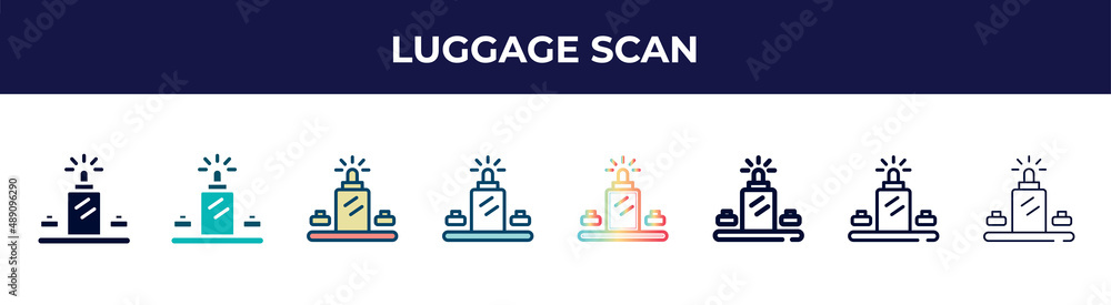 Obraz premium luggage scan icon in 8 styles. line, filled, glyph, thin outline, colorful, stroke and gradient styles, luggage scan vector sign. symbol, logo illustration. different style icons set.