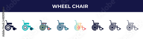 wheel chair icon in 8 styles. line, filled, glyph, thin outline, colorful, stroke and gradient styles, wheel chair vector sign. symbol, logo illustration. different style icons set.