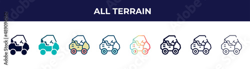 all terrain icon in 8 styles. line, filled, glyph, thin outline, colorful, stroke and gradient styles, all terrain vector sign. symbol, logo illustration. different style icons set.
