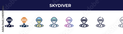 skydiver icon in 8 styles. line, filled, glyph, thin outline, colorful, stroke and gradient styles, skydiver vector sign. symbol, logo illustration. different style icons set.
