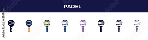 padel icon in 8 styles. line, filled, glyph, thin outline, colorful, stroke and gradient styles, padel vector sign. symbol, logo illustration. different style icons set.