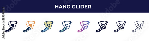 hang glider icon in 8 styles. line, filled, glyph, thin outline, colorful, stroke and gradient styles, hang glider vector sign. symbol, logo illustration. different style icons set.