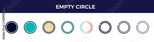 empty circle icon in 8 styles. line, filled, glyph, thin outline, colorful, stroke and gradient styles, empty circle vector sign. symbol, logo illustration. different style icons set.