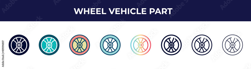 wheel vehicle part icon in 8 styles. line, filled, glyph, thin outline, colorful, stroke and gradient styles, wheel vehicle part vector sign. symbol, logo illustration. different style icons set. wheel vehicle part icon in 8 styles. line, filled, glyph, thin outline, colorful, stroke and gradient styles, wheel vehicle part vector sign. symbol, logo illustration. different style icons set.