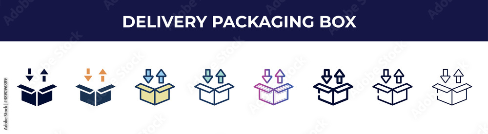 delivery packaging box icon in 8 styles. line, filled, glyph, thin outline, colorful, stroke and gradient styles, delivery packaging box vector sign. symbol, logo illustration. different style icons