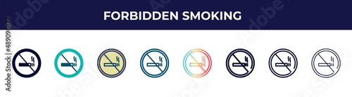 forbidden smoking icon in 8 styles. line, filled, glyph, thin outline, colorful, stroke and gradient styles, forbidden smoking vector sign. symbol, logo illustration. different style icons set.