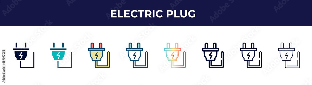 electric plug icon in 8 styles. line, filled, glyph, thin outline, colorful, stroke and gradient styles, electric plug vector sign. symbol, logo illustration. different style icons set. electric plug icon in 8 styles. line, filled, glyph, thin outline, colorful, stroke and gradient styles, electric plug vector sign. symbol, logo illustration. different style icons set.