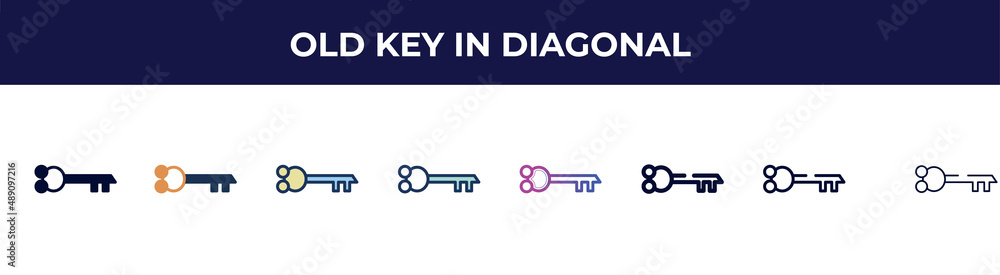 old key in diagonal icon in 8 styles. line, filled, glyph, thin outline, colorful, stroke and gradient styles, old key in diagonal vector sign. symbol, logo illustration. different style icons set.