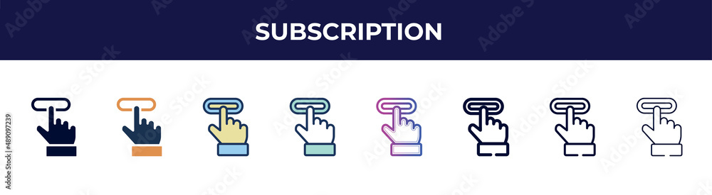 subscription icon in 8 styles. line, filled, glyph, thin outline, colorful, stroke and gradient styles, subscription vector sign. symbol, logo illustration. different style icons set. subscription icon in 8 styles. line, filled, glyph, thin outline, colorful, stroke and gradient styles, subscription vector sign. symbol, logo illustration. different style icons set.