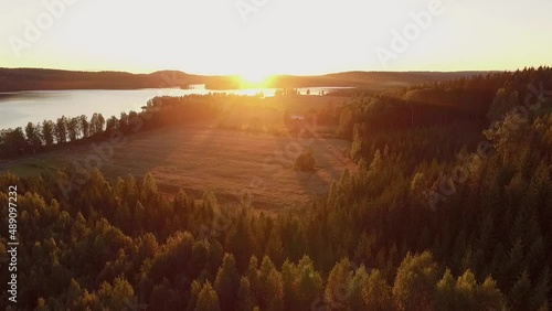 Beautiful sunset over wheat field, lake and forest.