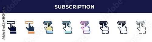 subscription icon in 8 styles. line, filled, glyph, thin outline, colorful, stroke and gradient styles, subscription vector sign. symbol, logo illustration. different style icons set.