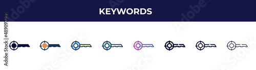keywords icon in 8 styles. line, filled, glyph, thin outline, colorful, stroke and gradient styles, keywords vector sign. symbol, logo illustration. different style icons set.