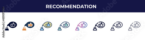 recommendation icon in 8 styles. line, filled, glyph, thin outline, colorful, stroke and gradient styles, recommendation vector sign. symbol, logo illustration. different style icons set.