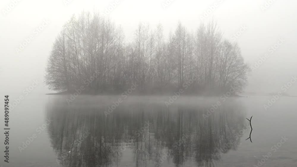 Thick fog over the lake in the early morning. Silhouettes of bare trees ...