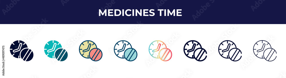 medicines time icon in 8 styles. line, filled, glyph, thin outline, colorful, stroke and gradient styles, medicines time vector sign. symbol, logo illustration. different style icons set.
