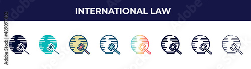 international law icon in 8 styles. line, filled, glyph, thin outline, colorful, stroke and gradient styles, international law vector sign. symbol, logo illustration. different style icons set.