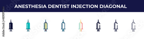 anesthesia dentist injection diagonal icon in 8 styles. line, filled, glyph, thin outline, colorful, stroke and gradient styles, anesthesia dentist injection diagonal vector sign. symbol, logo