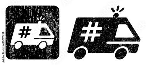 Vector jail police car hole icon. Grunge jail police car seal stamp, done with icon and rounded square. Rounded square stamp seal contain jail police car subtracted shape inside.