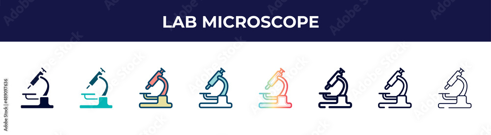 lab microscope icon in 8 styles. line, filled, glyph, thin outline, colorful, stroke and gradient styles, lab microscope vector sign. symbol, logo illustration. different style icons set.