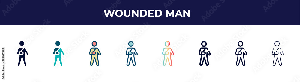 wounded man icon in 8 styles. line, filled, glyph, thin outline, colorful, stroke and gradient styles, wounded man vector sign. symbol, logo illustration. different style icons set. wounded man icon in 8 styles. line, filled, glyph, thin outline, colorful, stroke and gradient styles, wounded man vector sign. symbol, logo illustration. different style icons set.
