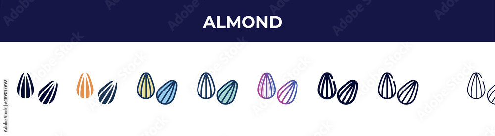 almond icon in 8 styles. line, filled, glyph, thin outline, colorful, stroke and gradient styles, almond vector sign. symbol, logo illustration. different style icons set. almond icon in 8 styles. line, filled, glyph, thin outline, colorful, stroke and gradient styles, almond vector sign. symbol, logo illustration. different style icons set.