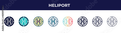 heliport icon in 8 styles. line, filled, glyph, thin outline, colorful, stroke and gradient styles, heliport vector sign. symbol, logo illustration. different style icons set.