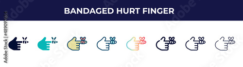 bandaged hurt finger icon in 8 styles. line, filled, glyph, thin outline, colorful, stroke and gradient styles, bandaged hurt finger vector sign. symbol, logo illustration. different style icons