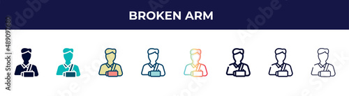 broken arm icon in 8 styles. line, filled, glyph, thin outline, colorful, stroke and gradient styles, broken arm vector sign. symbol, logo illustration. different style icons set.