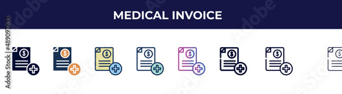 medical invoice icon in 8 styles. line, filled, glyph, thin outline, colorful, stroke and gradient styles, medical invoice vector sign. symbol, logo illustration. different style icons set.