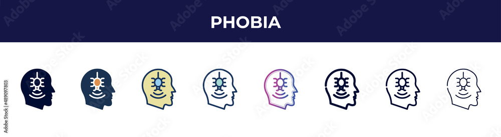 phobia icon in 8 styles. line, filled, glyph, thin outline, colorful, stroke and gradient styles, phobia vector sign. symbol, logo illustration. different style icons set.