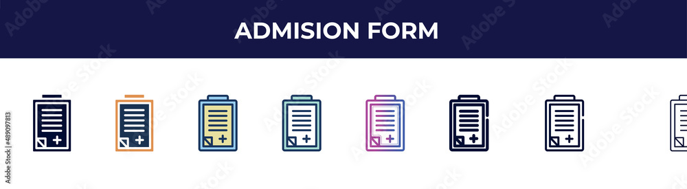 admision form icon in 8 styles. line, filled, glyph, thin outline, colorful, stroke and gradient styles, admision form vector sign. symbol, logo illustration. different style icons set. admision form icon in 8 styles. line, filled, glyph, thin outline, colorful, stroke and gradient styles, admision form vector sign. symbol, logo illustration. different style icons set.