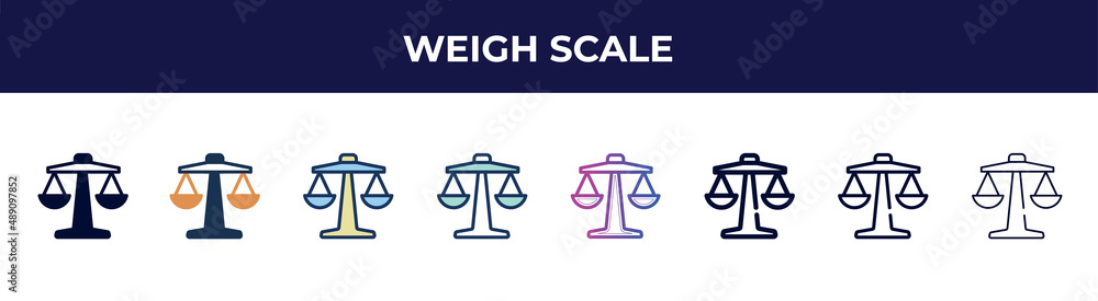 weigh scale icon in 8 styles. line, filled, glyph, thin outline, colorful, stroke and gradient styles, weigh scale vector sign. symbol, logo illustration. different style icons set. weigh scale icon in 8 styles. line, filled, glyph, thin outline, colorful, stroke and gradient styles, weigh scale vector sign. symbol, logo illustration. different style icons set.
