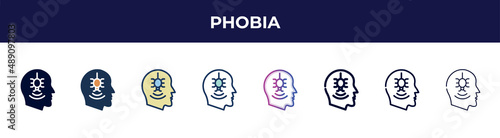 phobia icon in 8 styles. line, filled, glyph, thin outline, colorful, stroke and gradient styles, phobia vector sign. symbol, logo illustration. different style icons set.