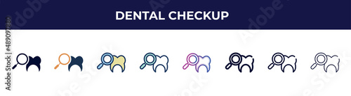 dental checkup icon in 8 styles. line, filled, glyph, thin outline, colorful, stroke and gradient styles, dental checkup vector sign. symbol, logo illustration. different style icons set.