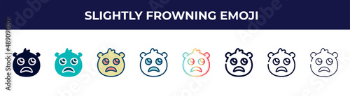 slightly frowning emoji icon in 8 styles. line, filled, glyph, thin outline, colorful, stroke and gradient styles, slightly frowning emoji vector sign. symbol, logo illustration. different style