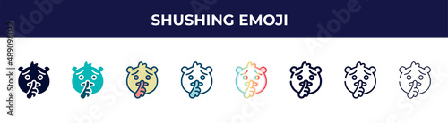 shushing emoji icon in 8 styles. line, filled, glyph, thin outline, colorful, stroke and gradient styles, shushing emoji vector sign. symbol, logo illustration. different style icons set.