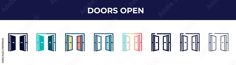 doors open icon in 8 styles. line, filled, glyph, thin outline, colorful, stroke and gradient styles, doors open vector sign. symbol, logo illustration. different style icons set. doors open icon in 8 styles. line, filled, glyph, thin outline, colorful, stroke and gradient styles, doors open vector sign. symbol, logo illustration. different style icons set.