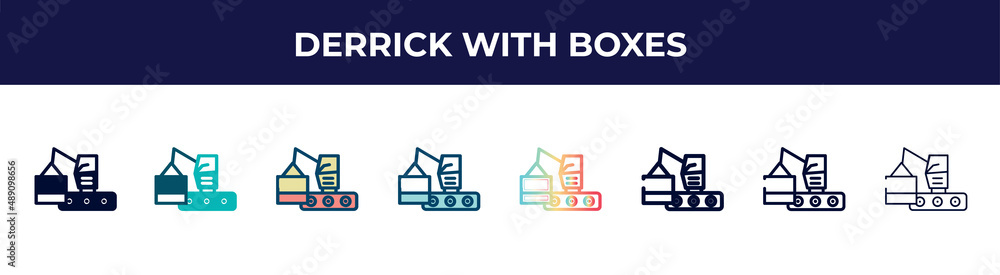 derrick with boxes icon in 8 styles. line, filled, glyph, thin outline, colorful, stroke and gradient styles, derrick with boxes vector sign. symbol, logo illustration. different style icons set.