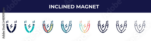 inclined magnet icon in 8 styles. line, filled, glyph, thin outline, colorful, stroke and gradient styles, inclined magnet vector sign. symbol, logo illustration. different style icons set.
