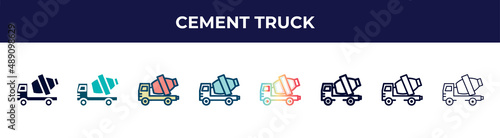 cement truck icon in 8 styles. line, filled, glyph, thin outline, colorful, stroke and gradient styles, cement truck vector sign. symbol, logo illustration. different style icons set.