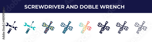 screwdriver and doble wrench icon in 8 styles. line, filled, glyph, thin outline, colorful, stroke and gradient styles, screwdriver and doble wrench vector sign. symbol, logo illustration. different